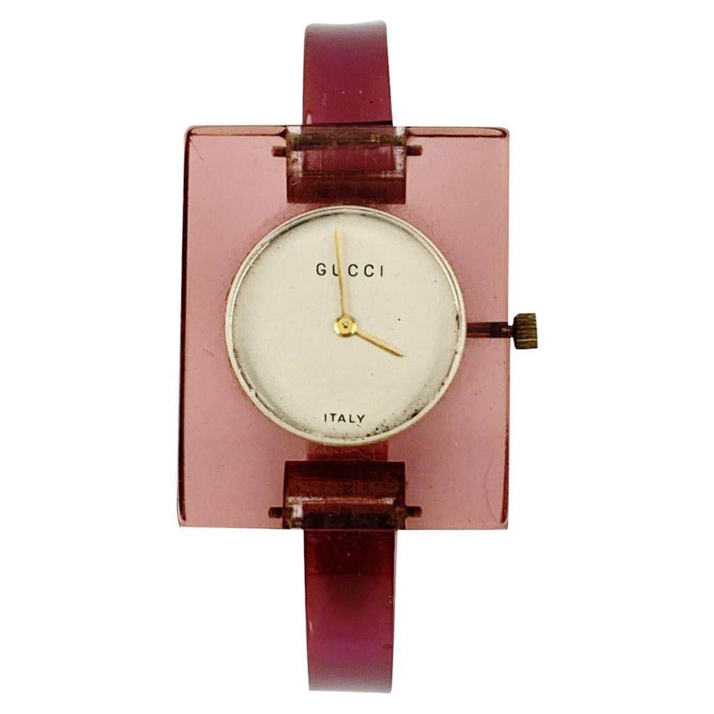 Gucci Vintage Manual Wind Pink Lucite Wrist Watch Bangle Rare