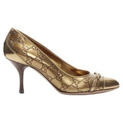 GUCCI Vintage metallic gold GG monogram gold chain charm mid heel pump EU36 C
