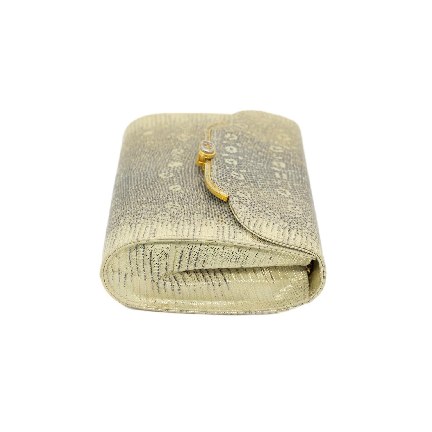 Gucci Vintage Metallic Monitor Lizard Leather Shoulder Clutch Evening Bag, 1970. In Good Condition In Banner Elk, NC