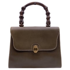Gucci Used Military Green Leather Handbag with Bamboo Handle