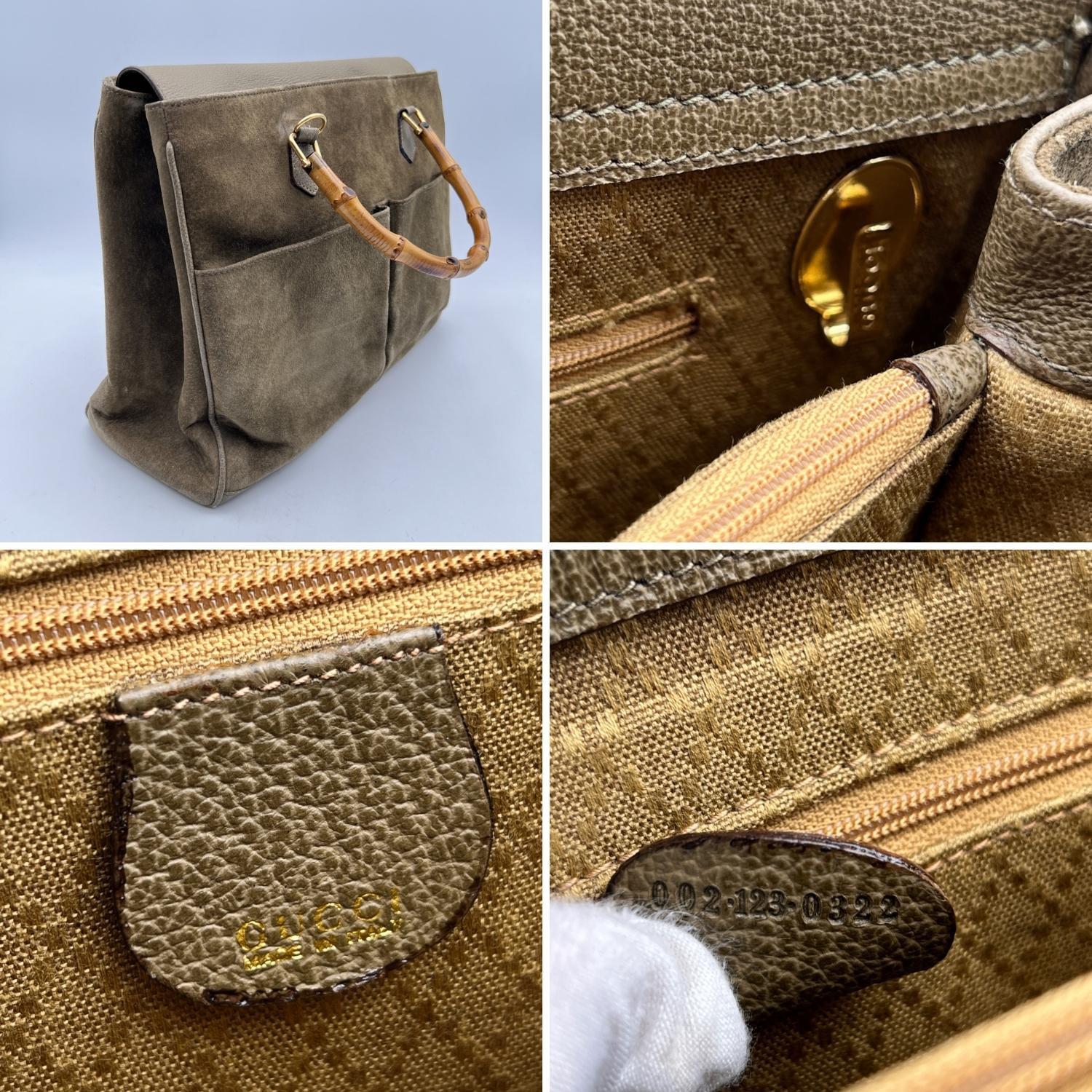 Gucci Vintage Military Green Suede Front Pockets Bamboo Tote Bag In Good Condition In Rome, Rome