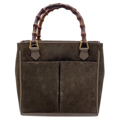 Gucci Vintage Military Green Suede Front Pockets Bamboo Tote Bag