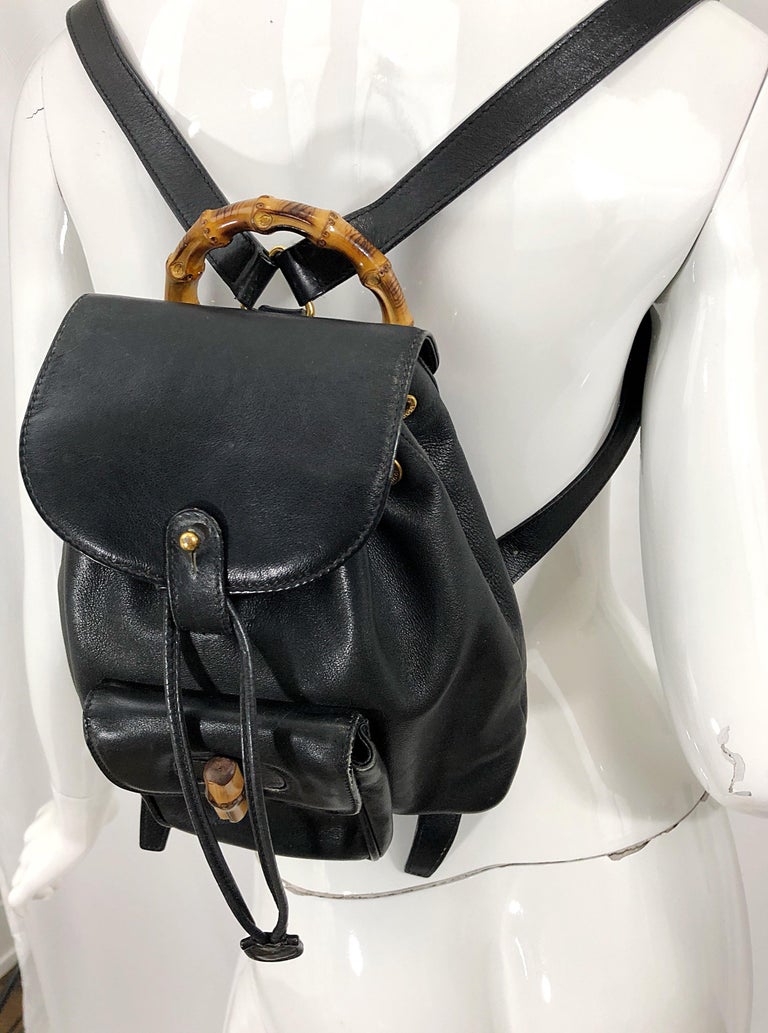 Gucci Vintage Mini Backpack Black Leather Signature Bamboo Handle