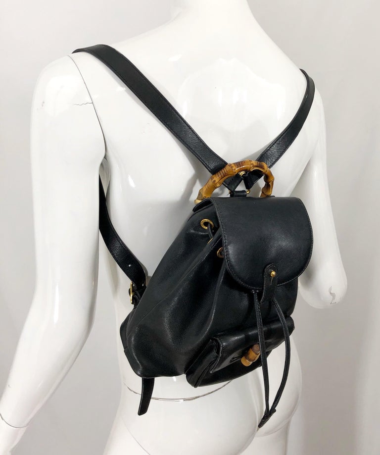 Gucci Vintage Mini Backpack Black Leather Signature Bamboo Handle For Sale at 1stdibs