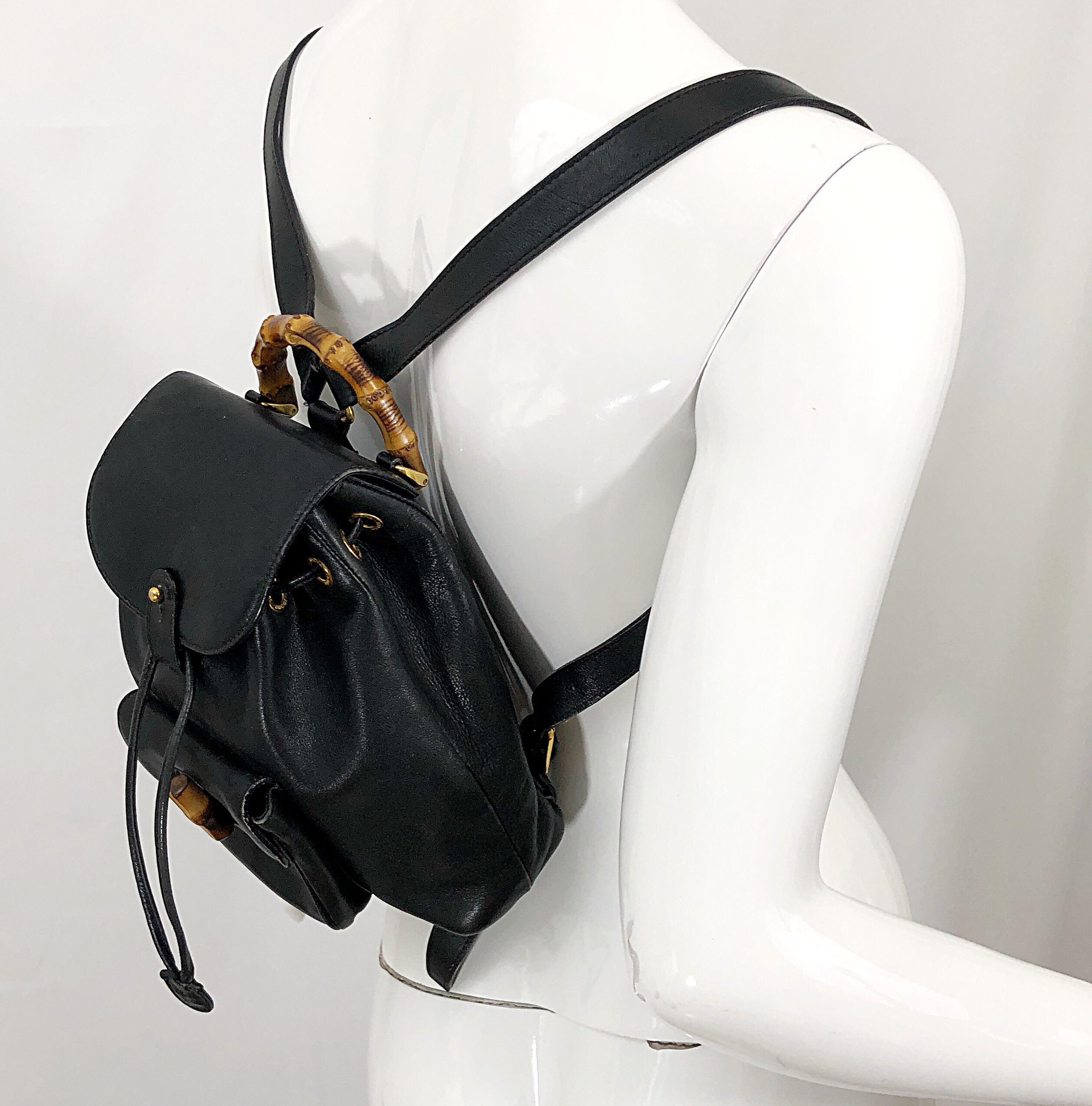 Women's or Men's Gucci Vintage Mini Backpack Black Leather Signature Bamboo Handle