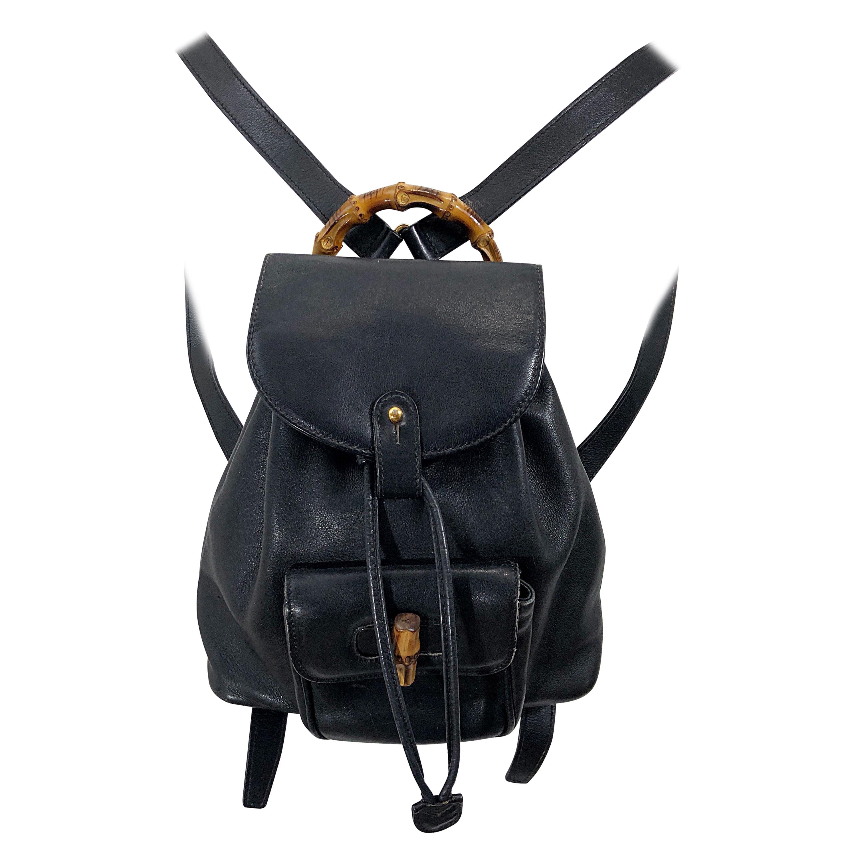 Gucci Vintage Mini Backpack Black Leather Signature Bamboo Handle at 1stDibs