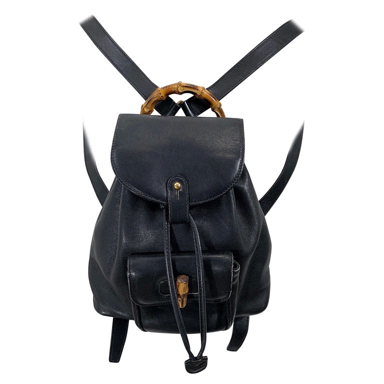 Gucci Vintage Mini Backpack Black Leather Signature Bamboo Handle For Sale at 1stdibs