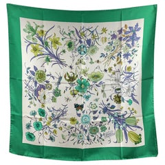 Gucci Vintage Monochrome Green Floral Silk Scarf Flora 1966 Accornero