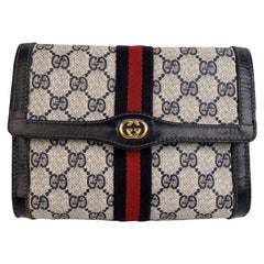 Gucci Vintage Monogram Canvas Flap Cosmetic Bag Clutch with Stripes