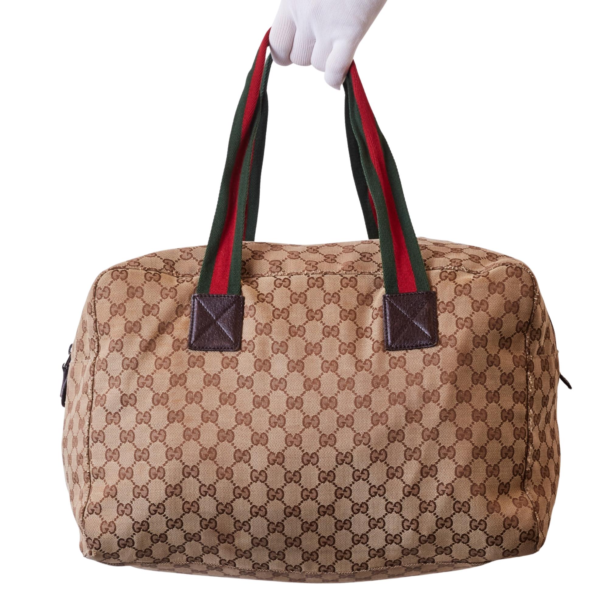 Gucci Vintage Monogram Web Handles Overnight Duffle Travel Bag (153210) In Good Condition For Sale In Montreal, Quebec