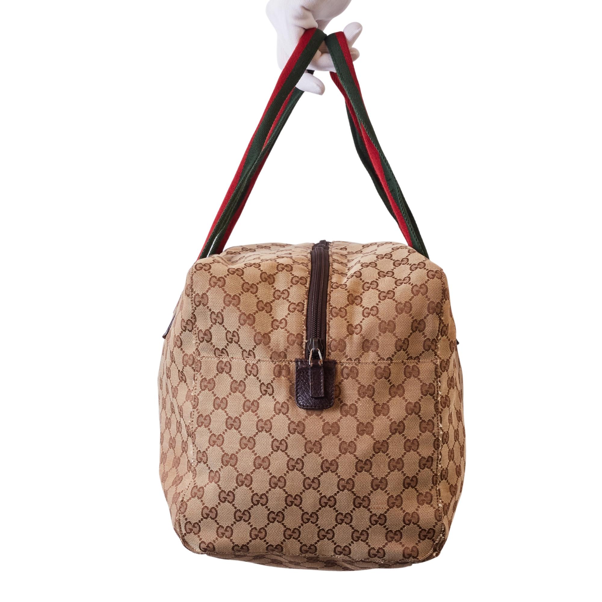 Women's Gucci Vintage Monogram Web Handles Overnight Duffle Travel Bag (153210) For Sale