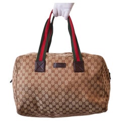 Gucci Used Monogram Web Handles Overnight Duffle Travel Bag (153210)