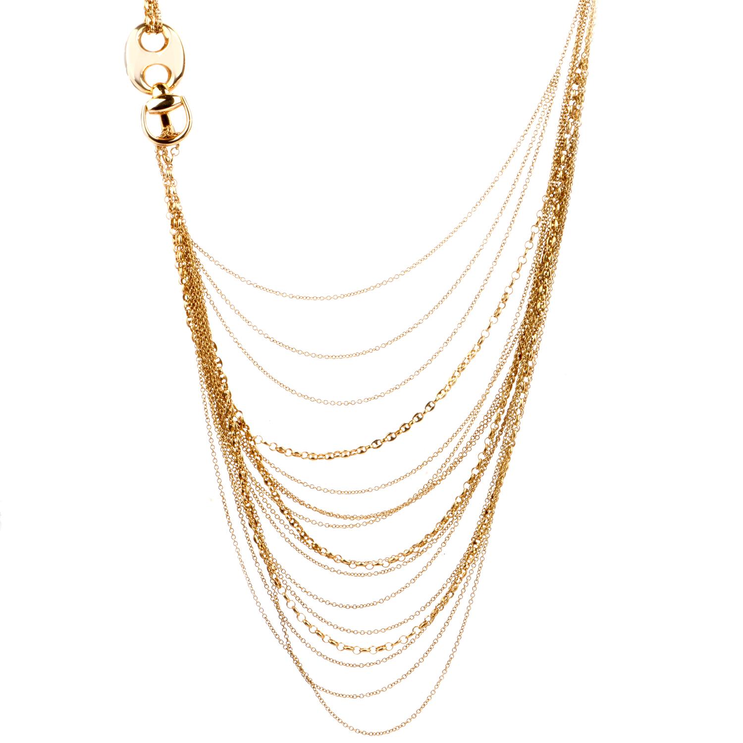 1980’s vintage GUCCI Multi Strand Long Lariat 18 Karat Yellow Gold Necklace.

Graduating multi stand of chains in different 

sizes, shapes and length.

 All connected with a large Gucci clasp. 

It can be use for every day or spacial occasion