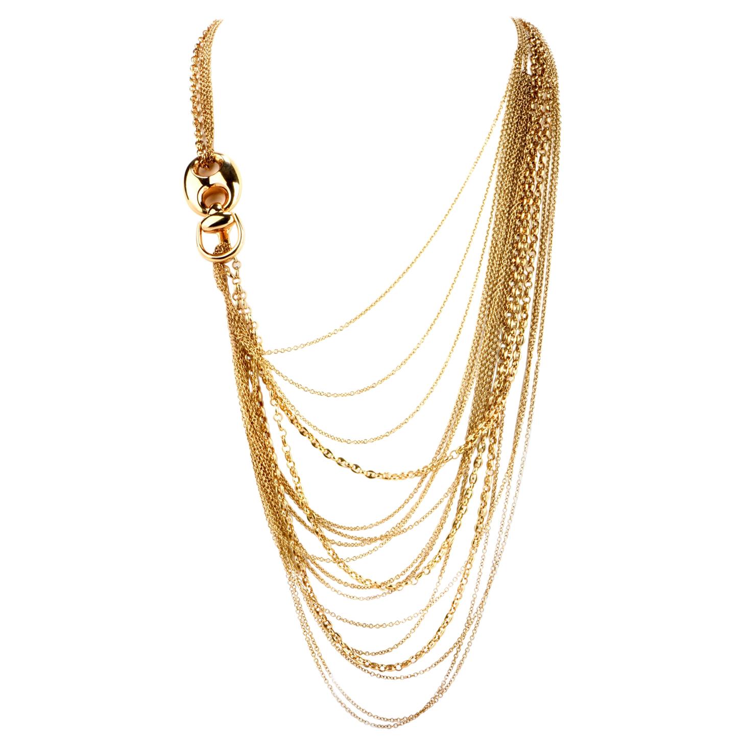 Gucci Collier lariat long vintage à plusieurs rangs en or jaune 18 carats avec chaîne