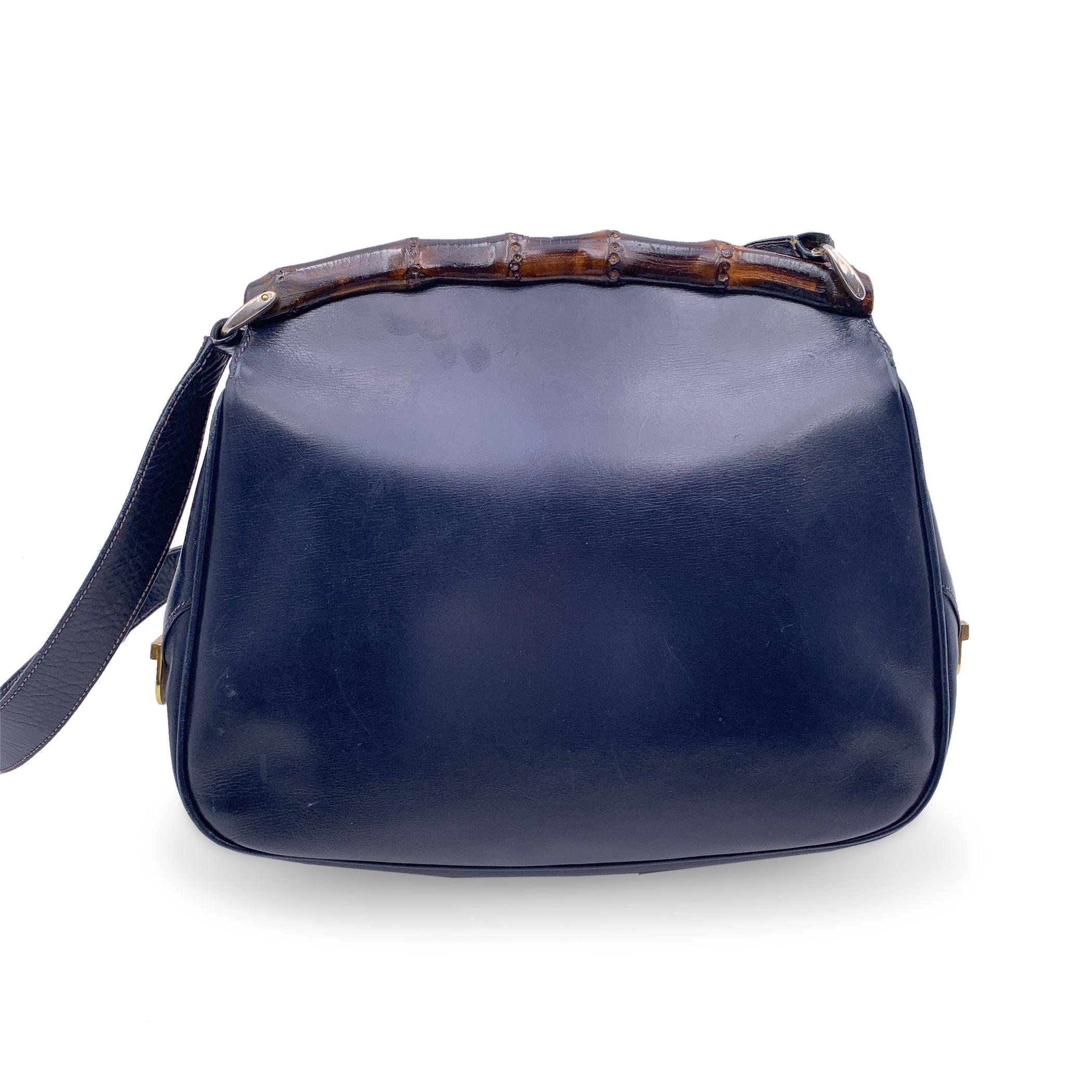Black Gucci Vintage Navy Blue Leather Bamboo Flap Shoulder Bag