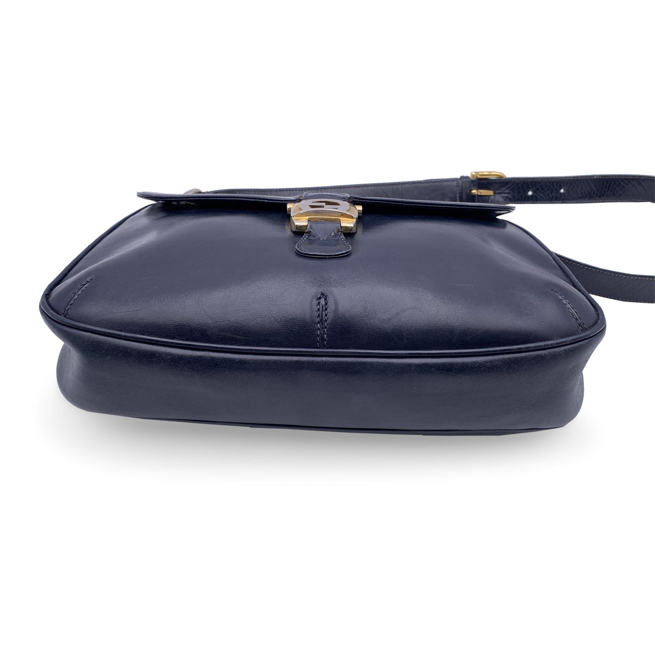 Women's Gucci Vintage Navy Blue Leather Bamboo Flap Shoulder Bag