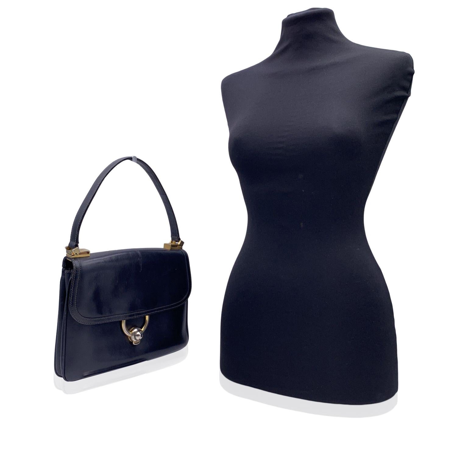 Gucci Vintage Navy Blue Leather Flap Handbag Top Handle Bag In Good Condition In Rome, Rome