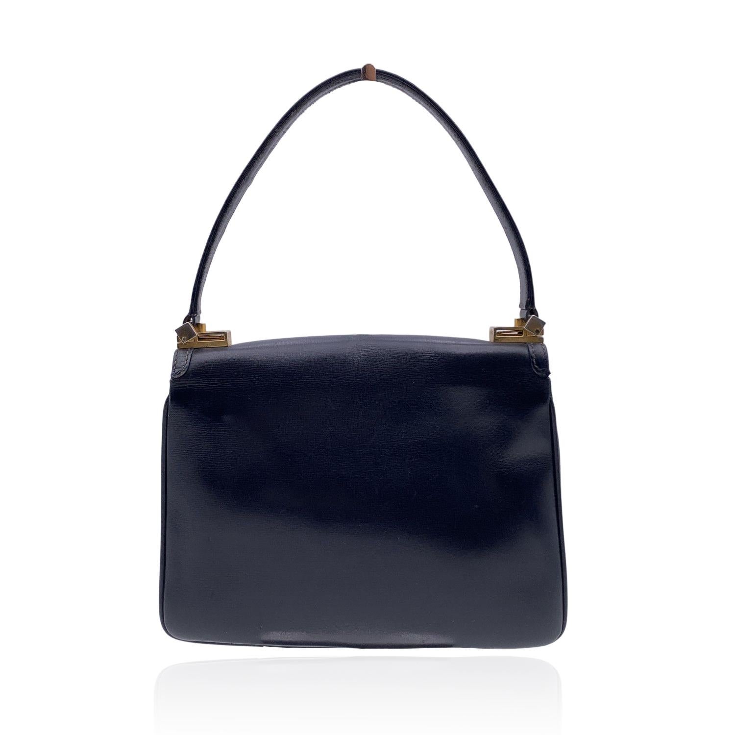 Gucci Vintage Navy Blue Leather Flap Handbag Top Handle Bag 1