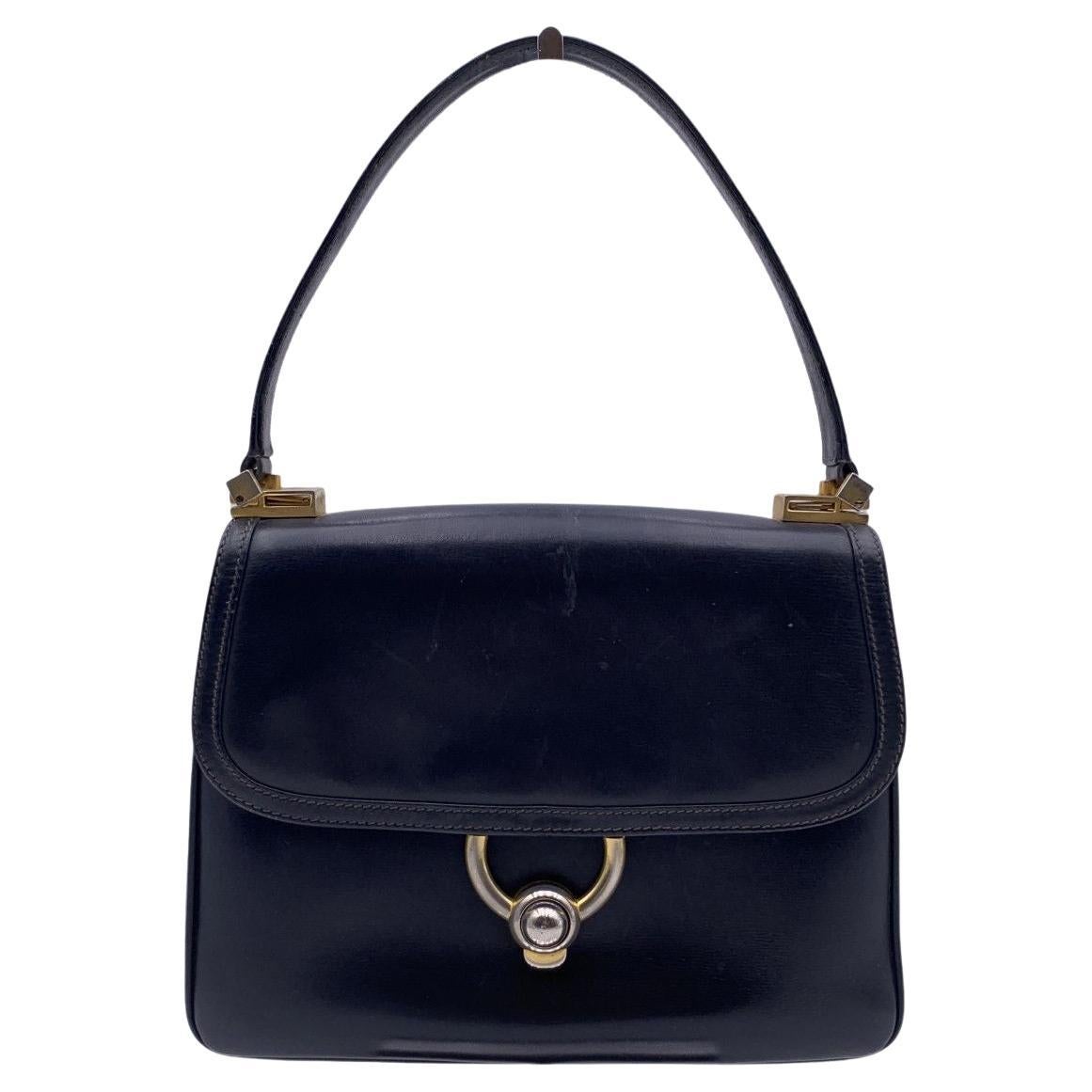 Gucci Vintage Navy Blue Leather Flap Handbag Top Handle Bag