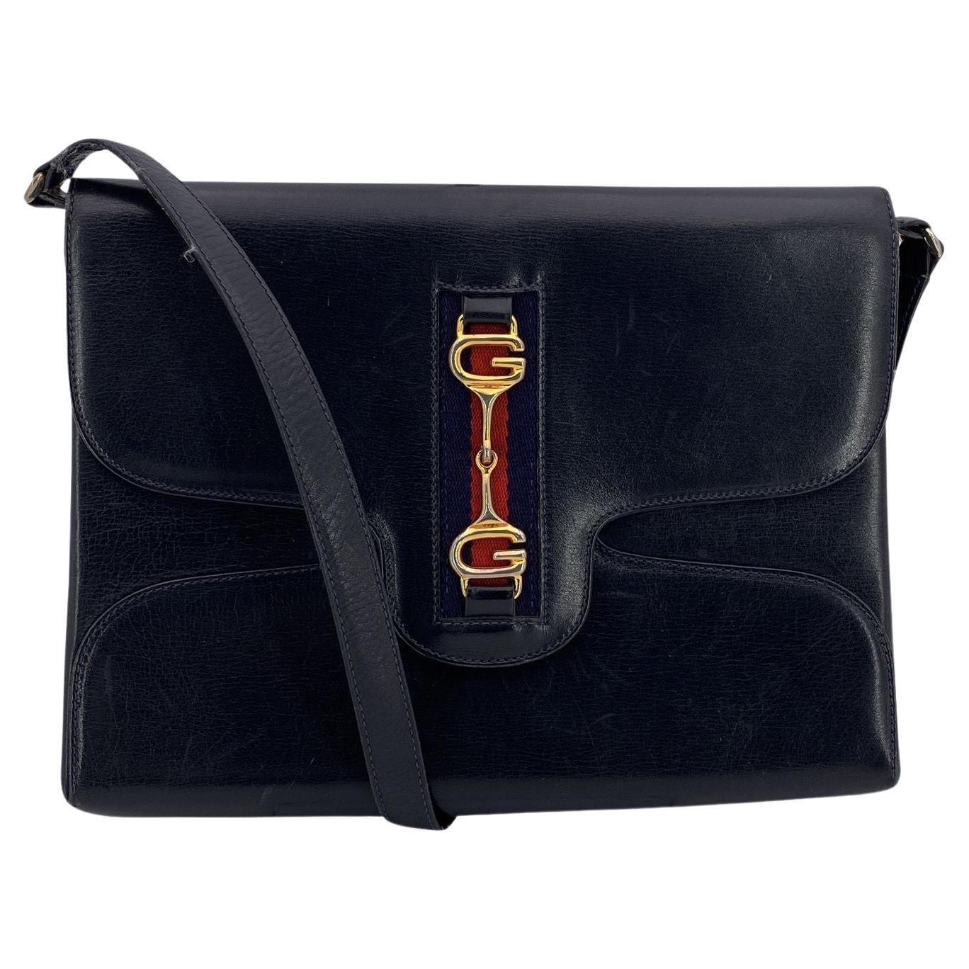 Gucci Vintage Navy Blue Leather GG Horsebit Web Flap Shoulder Bag