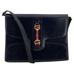 Gucci Vintage Navy Blue Leather GG Horsebit Web Flap Shoulder Bag