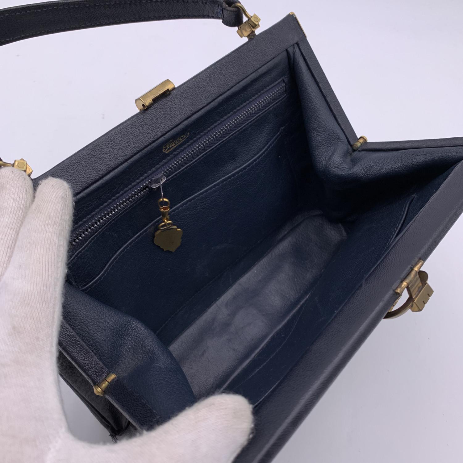 Gucci Vintage Navy Blue Leather Handbag Top Handle Framed Bag 1