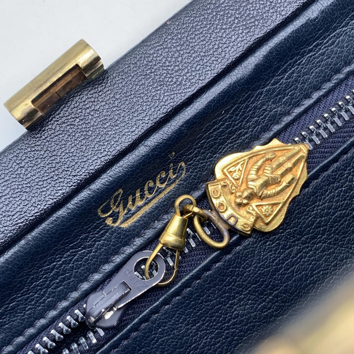 Gucci Vintage Navy Blue Leather Handbag Top Handle Framed Bag 2
