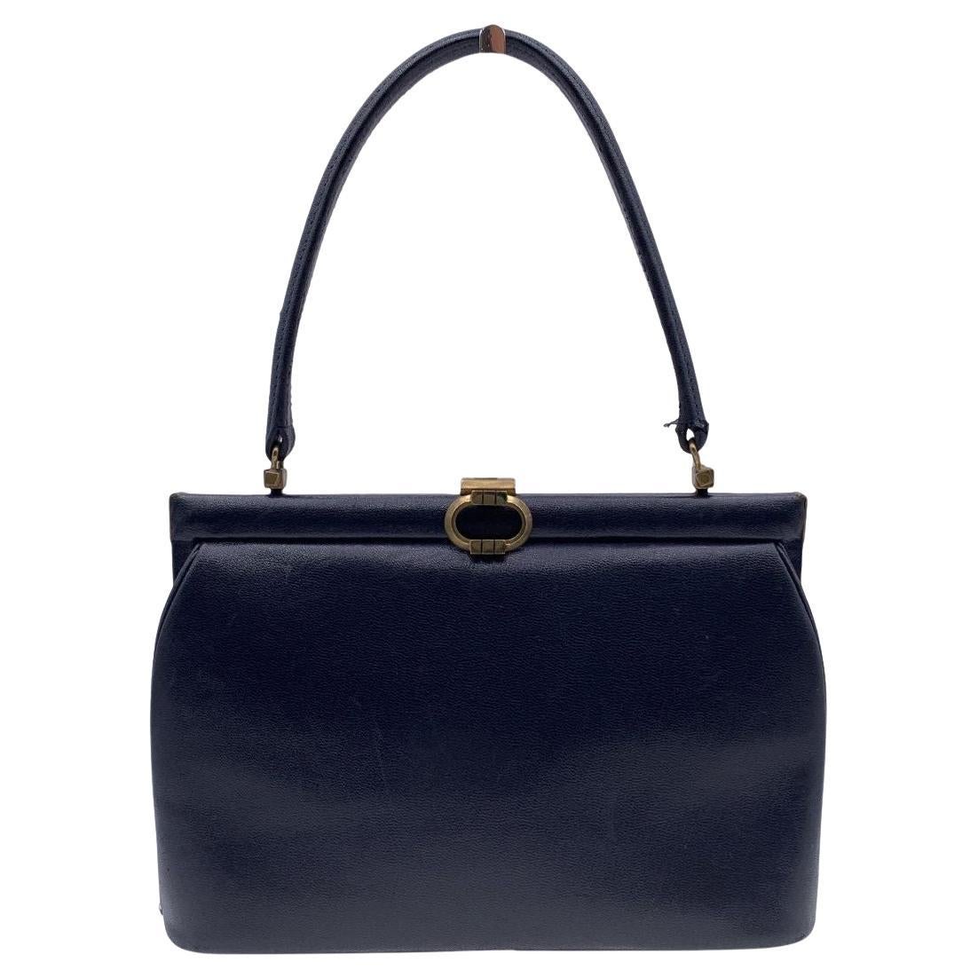 Gucci Vintage Navy Blue Leather Handbag Top Handle Framed Bag