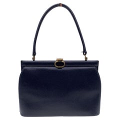 Gucci Vintage Navy Blue Leather Handbag Top Handle Framed Bag