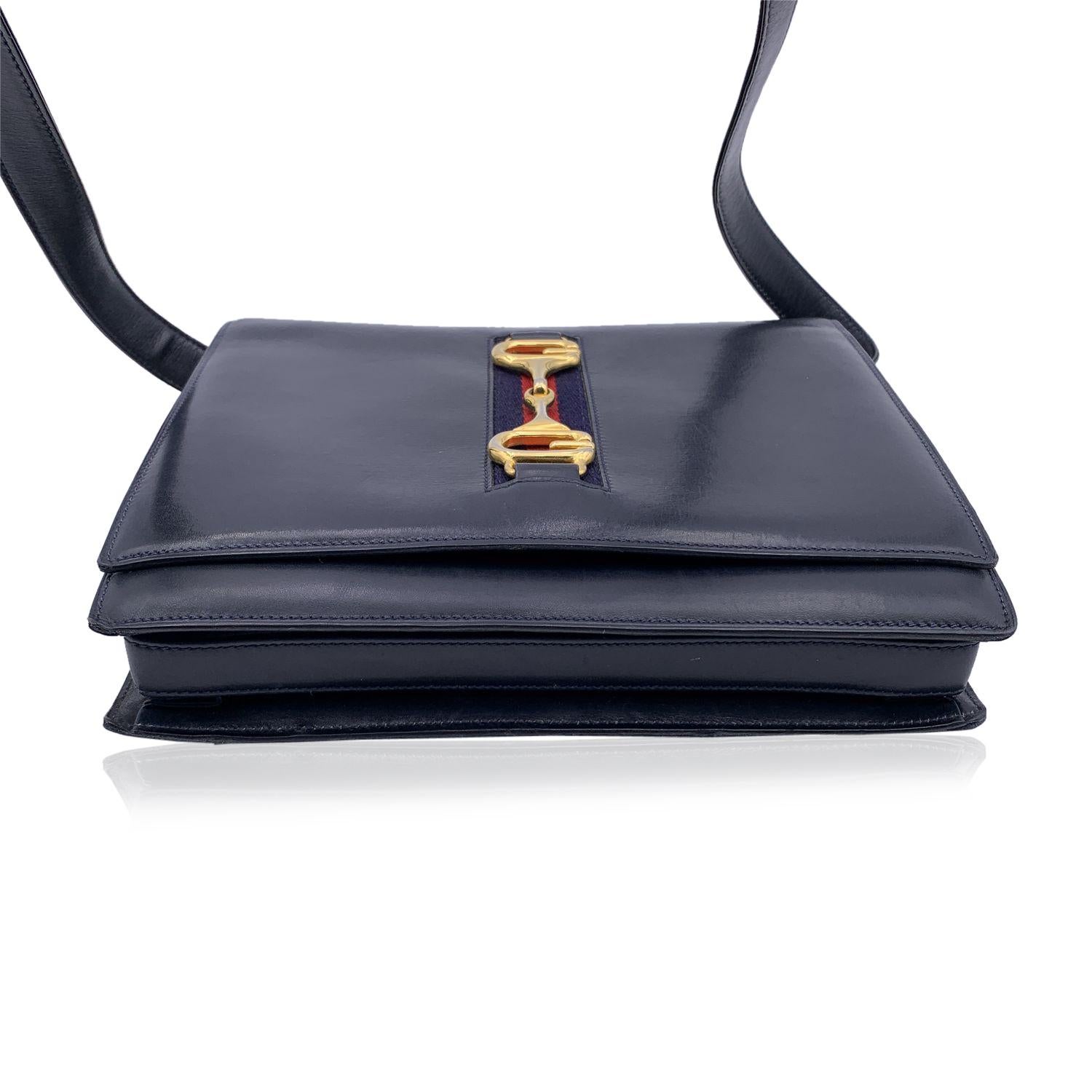 Gucci Vintage Navy Blue Leather Horsebit Web Stripes Shoulder Bag In Good Condition In Rome, Rome