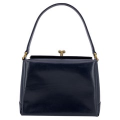Gucci Vintage Navy Blue Leather Top Handle Clasp Bag Handbag