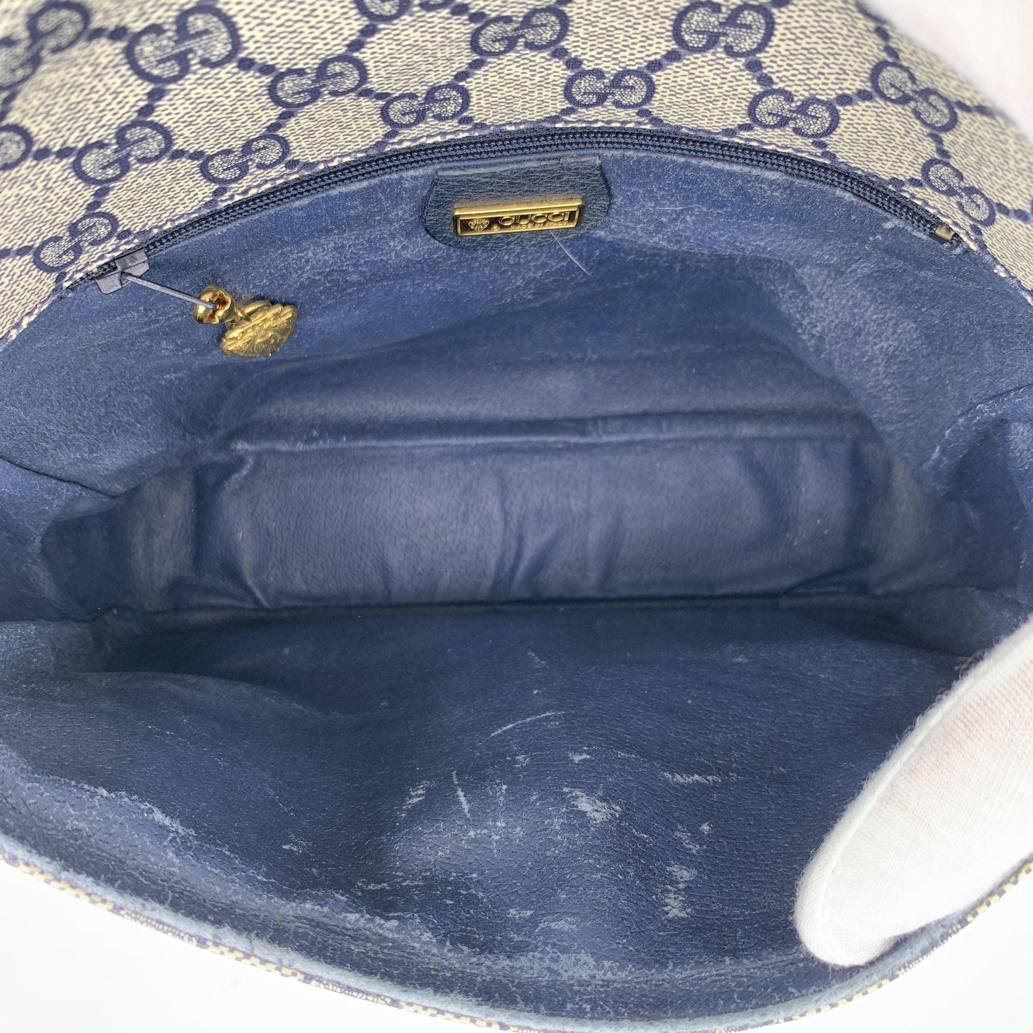 Women's Gucci Vintage Navy Blue Monogram Canvas Flap Shoulder Bag For Sale