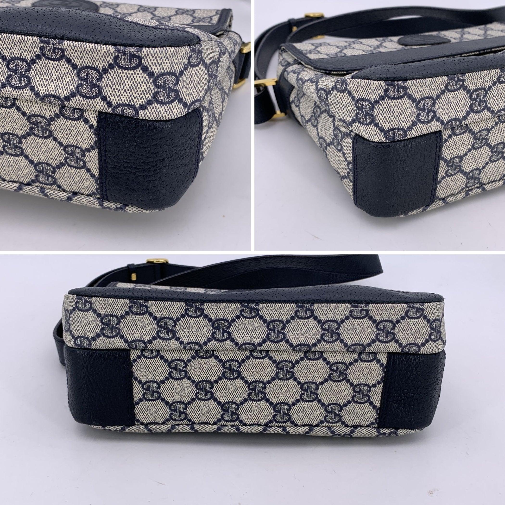 Gucci Vintage Navy Blue Monogram Canvas Flap Shoulder Bag For Sale 2