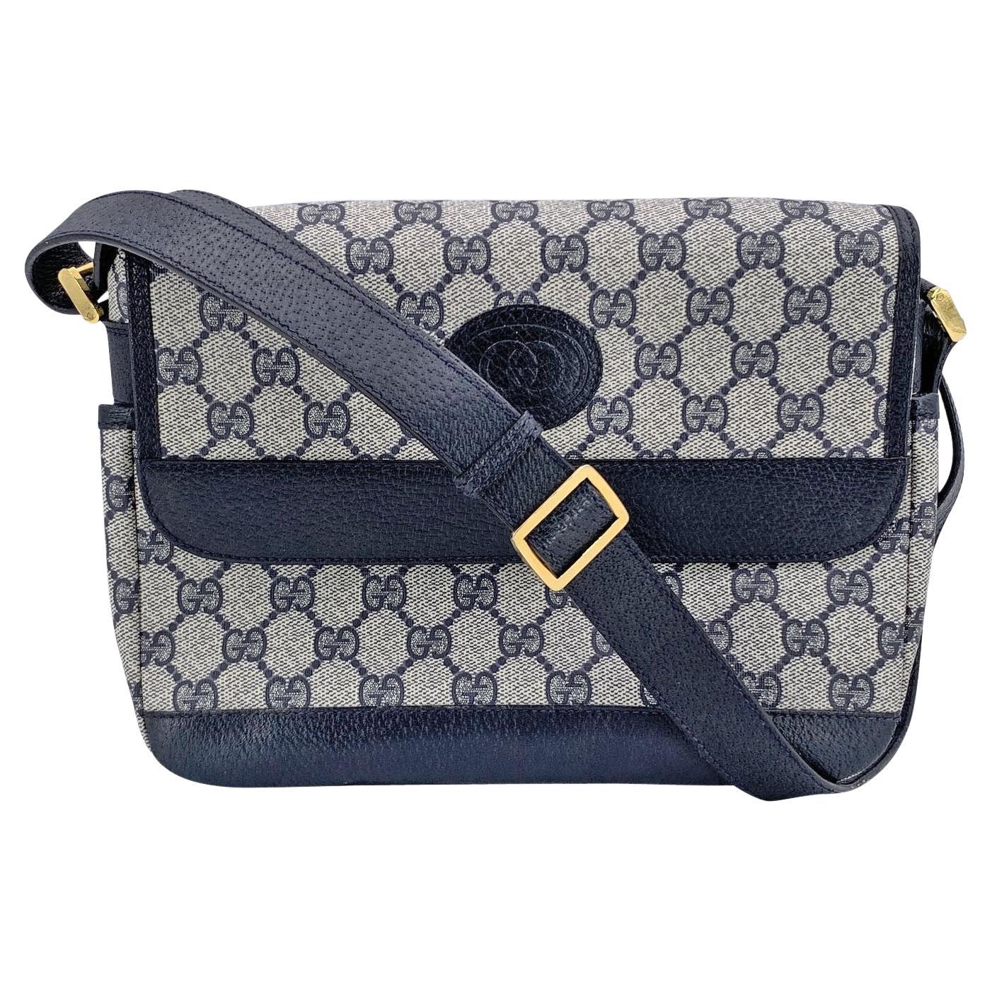 Gucci Vintage Navy Blue Monogram Canvas Flap Shoulder Bag For Sale
