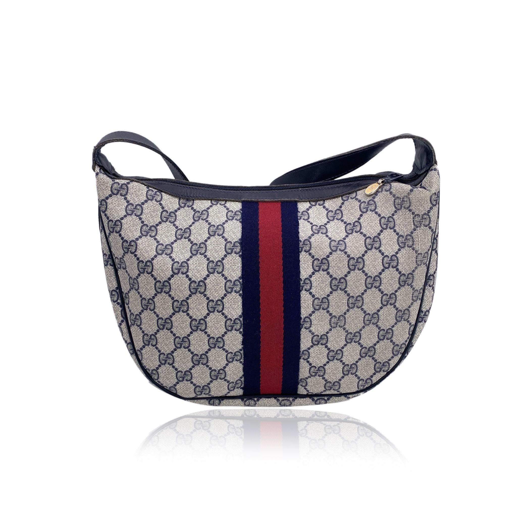 Black Gucci Vintage Navy Blue Monogram Canvas Rounded Shoulder Bag For Sale
