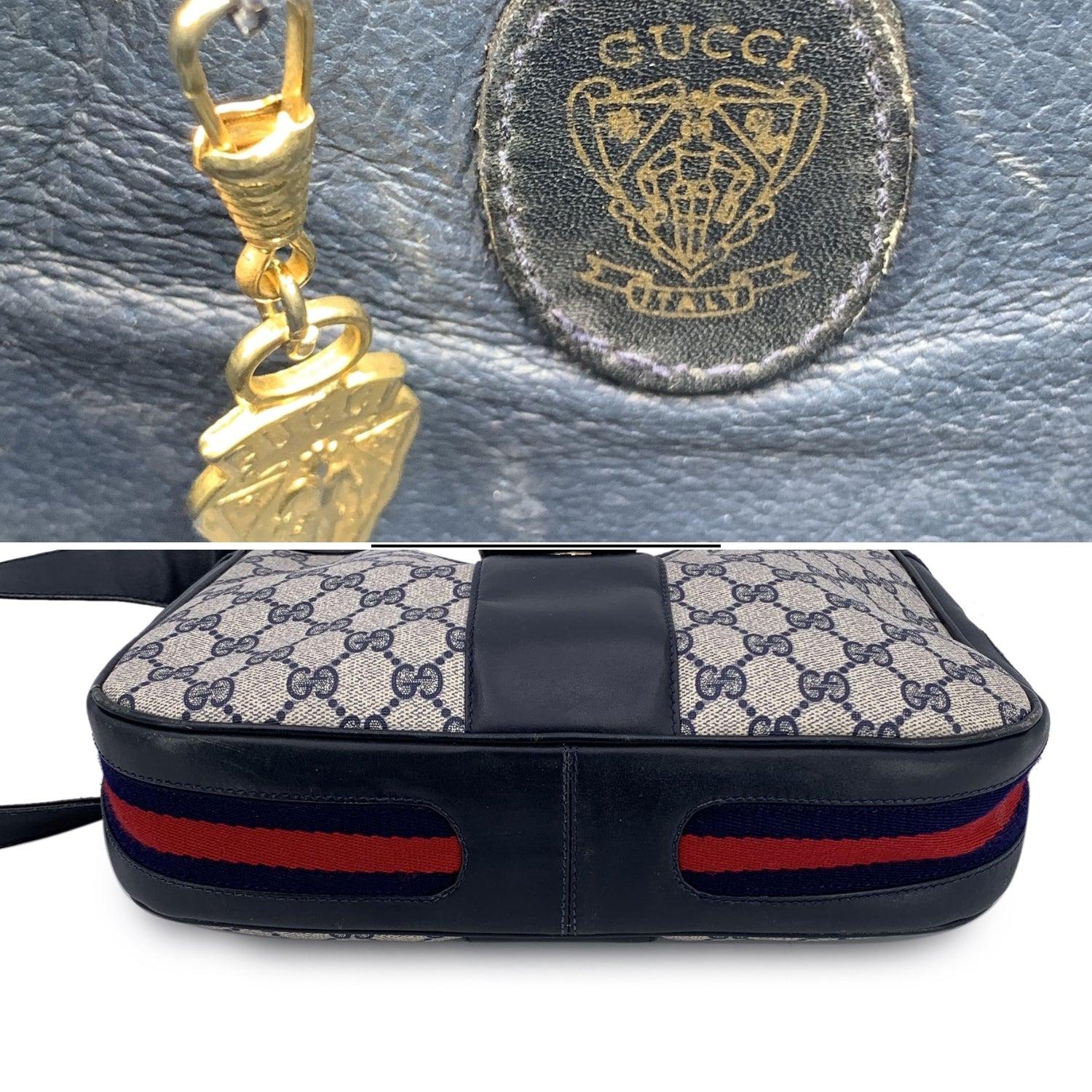 Gucci Vintage Navy Blue Monogram Canvas Shoulder Bag Tote In Good Condition For Sale In Rome, Rome