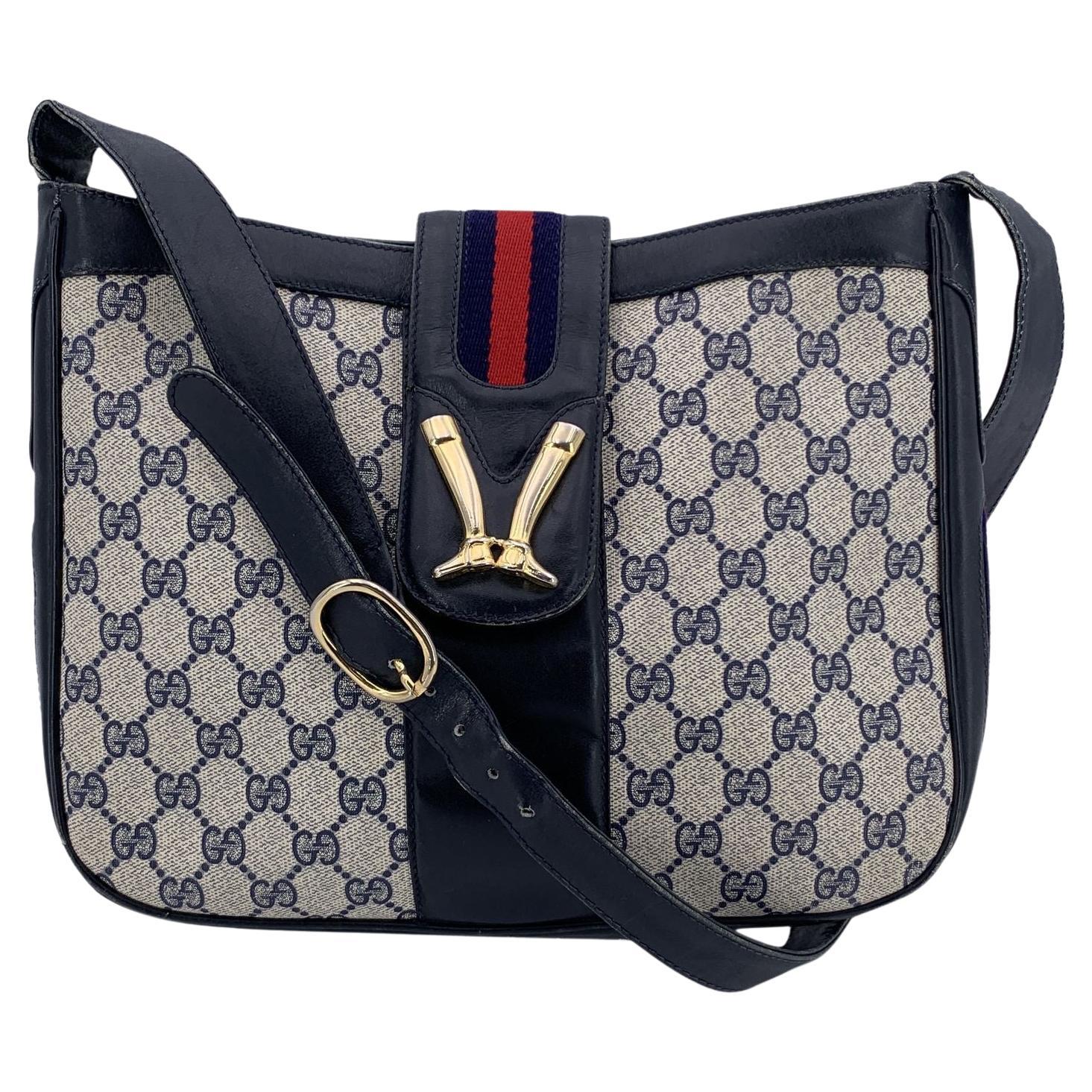 Gucci Vintage Navy Blue Monogram Canvas Shoulder Bag Tote For Sale