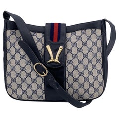 Gucci Vintage Navy Blue Monogram Canvas Shoulder Bag Tote