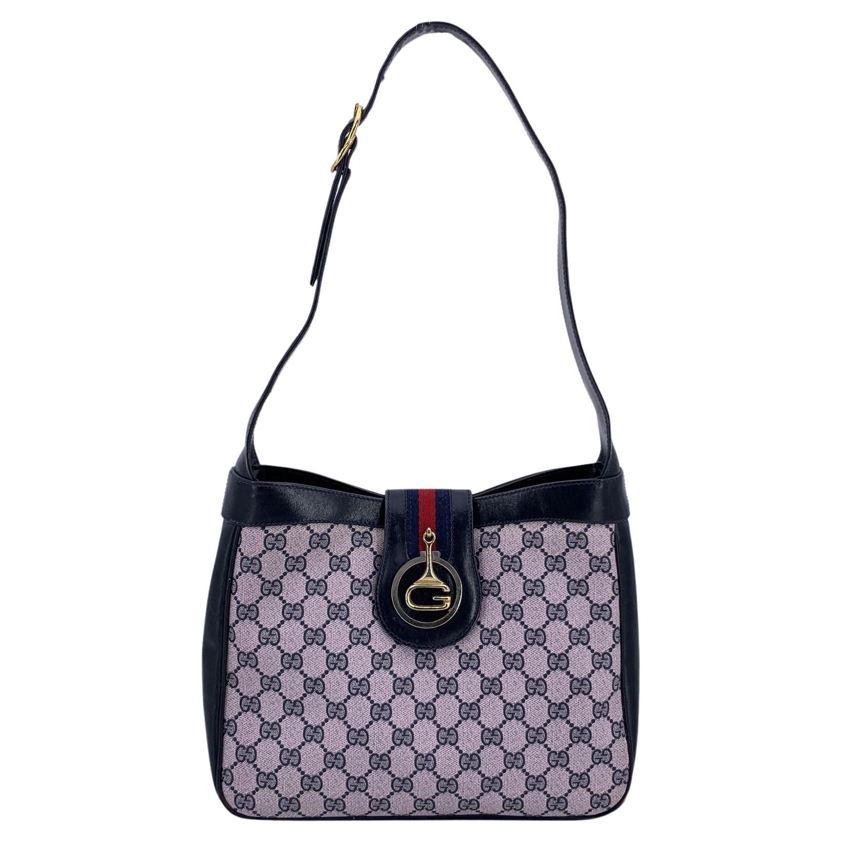 Gucci Vintage Navy Blue Monogram Canvas Shoulder Bag Tote en vente