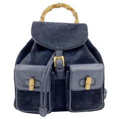 Gucci Vintage Navy Blue Suede Leather Bamboo Backpack Bag