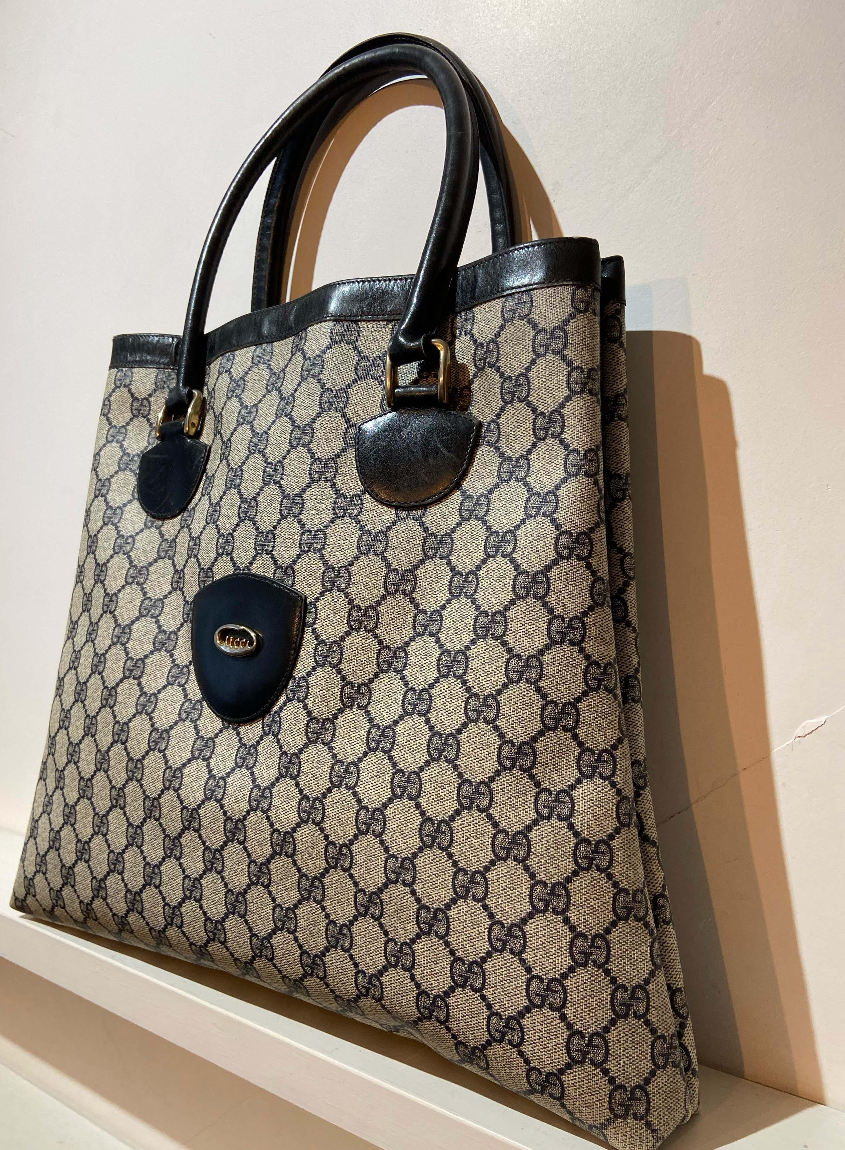 Gray Gucci Vintage Navy GG Logo Tote Bag