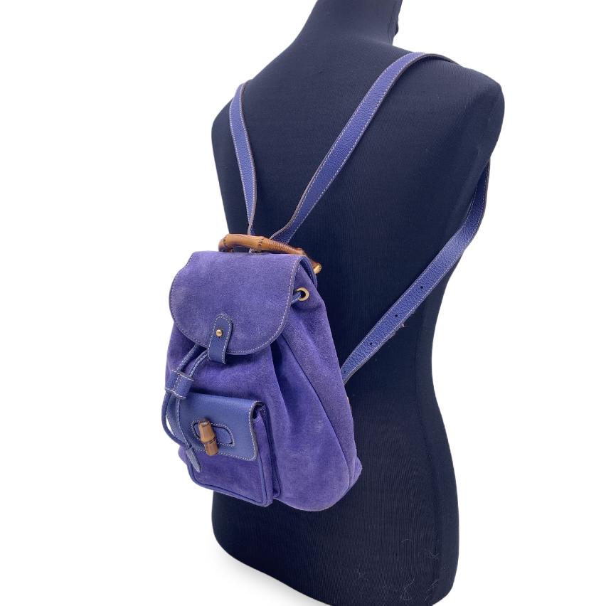 Gucci Vintage Perwinkle Suede Bamboo Small Backpack Shoulder Bag In Good Condition In Rome, Rome