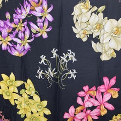Gucci Vintage Pink and Black Orchids Flowers Floral Silk Scarf