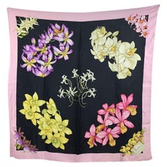 Gucci Vintage Pink and Black Orchids Flowers Floral Silk Scarf