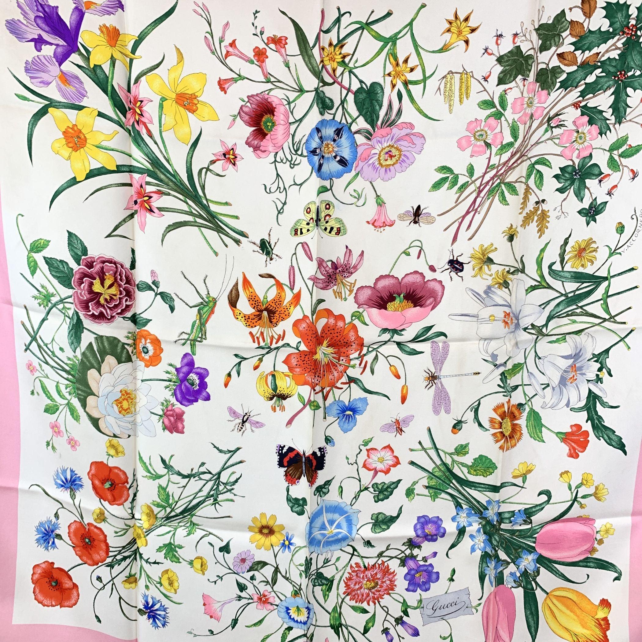 The Flora silk scarf born in 1966 by the artist Vittorio Accornero. He was the textile designer for Gucci between the 1960s and 1981. The Flora design is a magical and delicate composition of flowers, berries and insects depicted with the precision