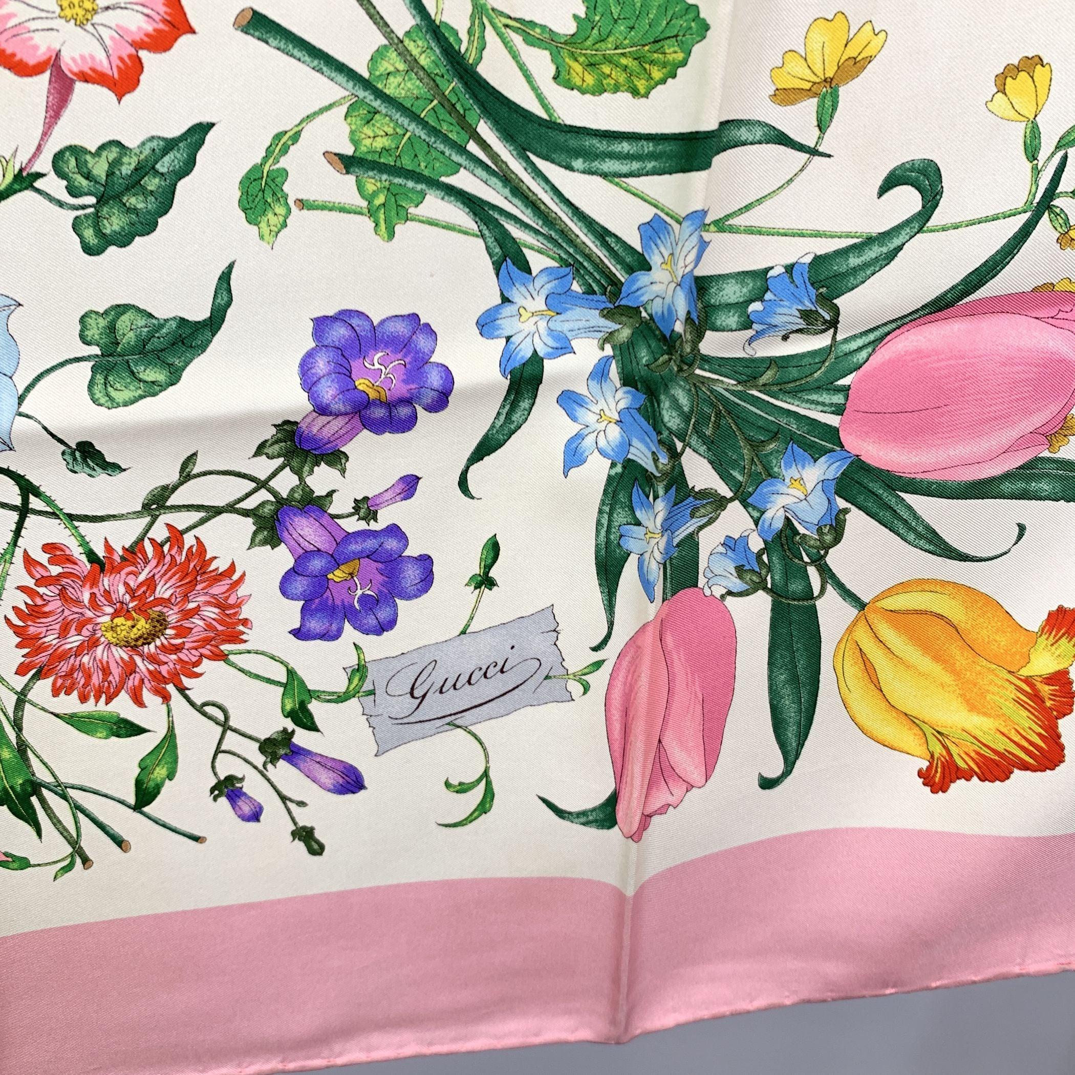 Beige Gucci Vintage Pink Floral Silk Scarf Flora 1966 Accornero