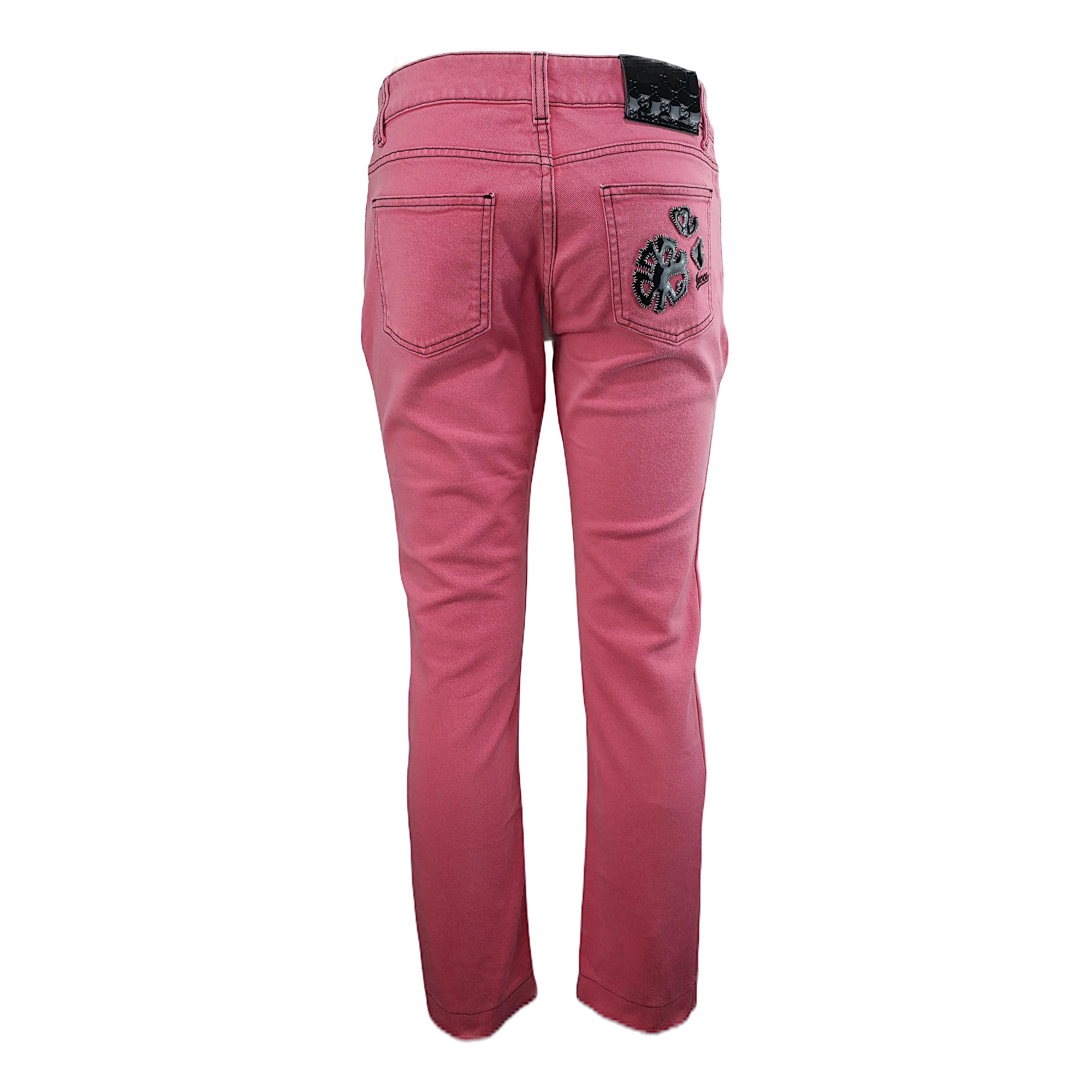 GUCCI - Vintage Pink Jeans with Black Stitchings and Patches  Size 6US 38EU In Excellent Condition In Cuggiono, MI