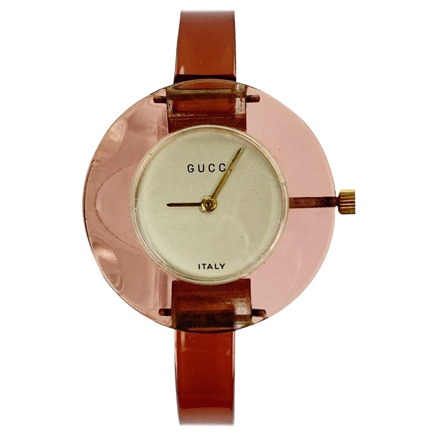 Gucci Vintage Pink Lucite Manual Wind Wrist Watch Bracelet Bangle Rare