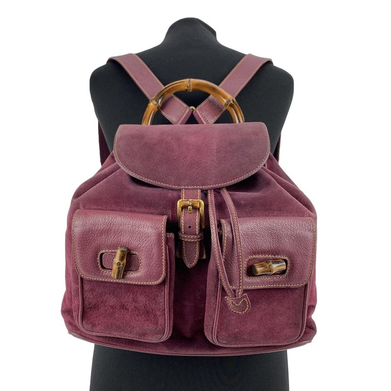 Gucci Vintage Purple Suede Leather Bamboo Backpack Bag For  display picture 1