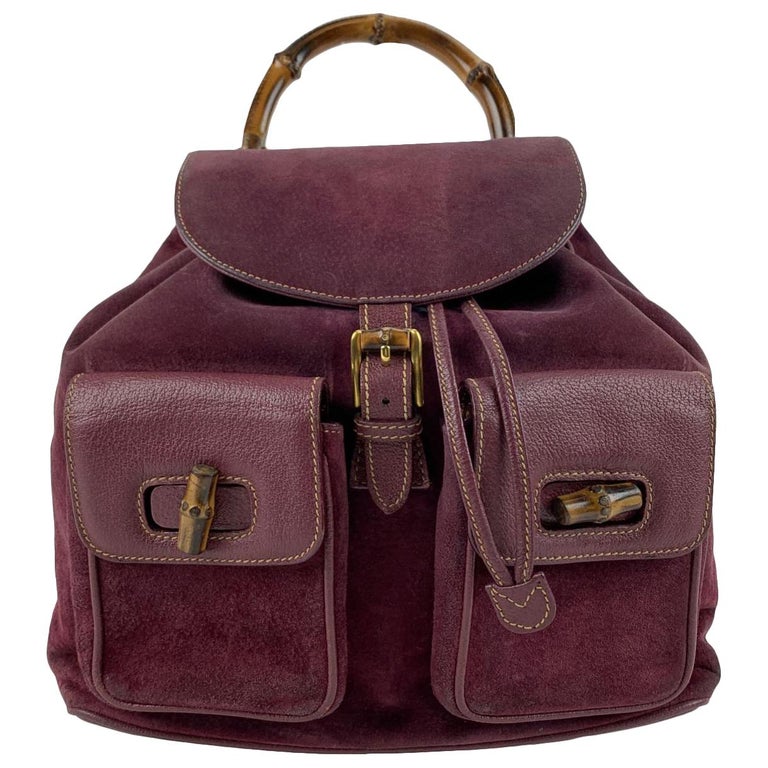 Gucci Vintage Purple Suede Leather Bamboo Backpack Bag For  display picture 3